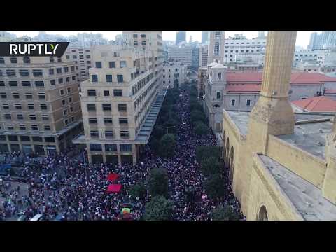 شاهد آلاف المتظاهرين في بيروت بتصوير طائرة دون طيار