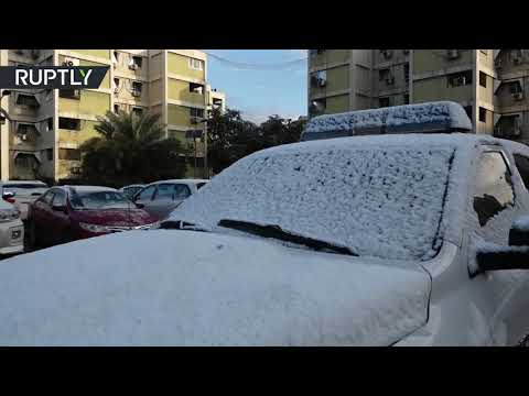 شاهد الثلوج تغطي الأشجار والسيارات وأسطح المباني في شوارع بغداد